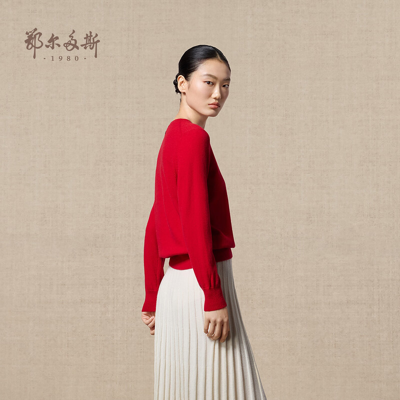 Ordos 1980 Autumn and Winter Cashmere Round Neck Women's Simple Inner Slim Fit Women's Solid Color Cashmere Sweater Chinese Red-25 L 165/88A
