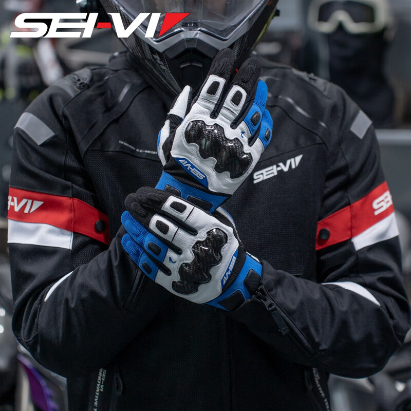 SEI-VI Motorcycle Summer Riding Gloves Upgraded Version Men's Breathable Touch Screen Anti-fall Racing Carbon Fiber Motorcycle Gloves GB2-Genuine Leather-Blue and White Five-Finger Touch Screen XXL (Palm Width 9.5-10cm)