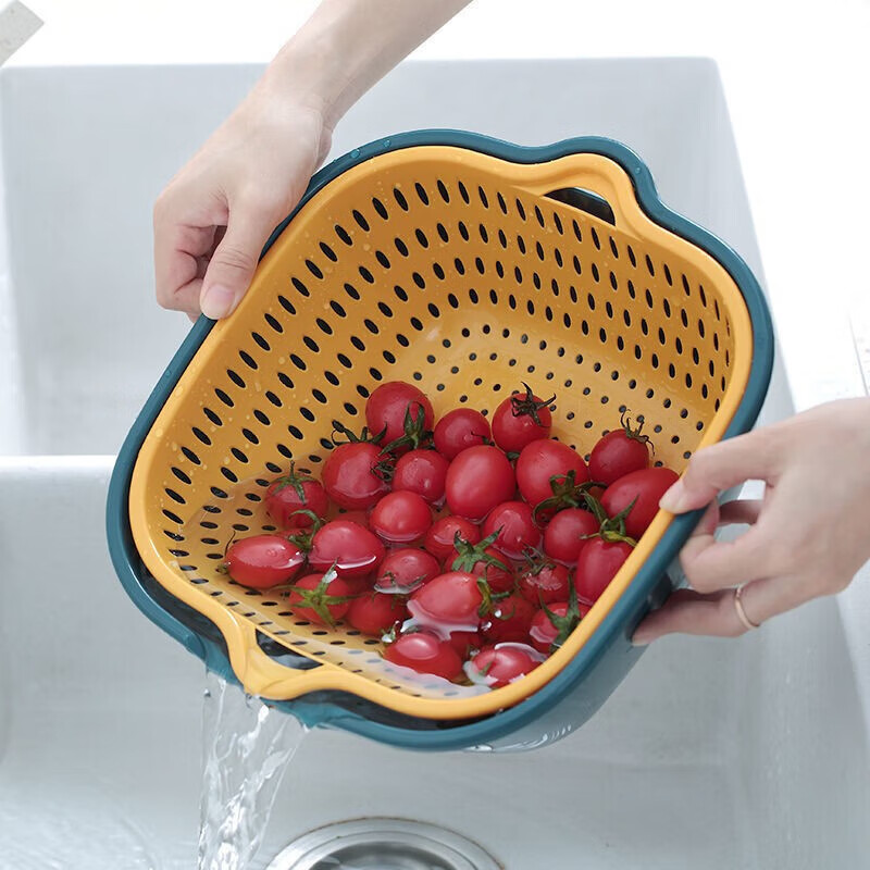 Double-layer drain basket vegetable blue vegetable basin home kitchen multi-functional large-capacity plastic fruit and vegetable bowl and chopsticks storage basin large + medium + small 6-piece set