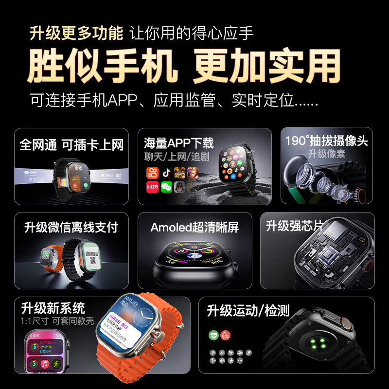 Huaqiangbei smart watch S11Ultra3 top version, plug-in card, independent call, smart phone watch, official flagship new model, titanium black | Ultra3 gaming core + full network + 190 rotating camera AMOLED screen (supports micro / Q / shake / game)