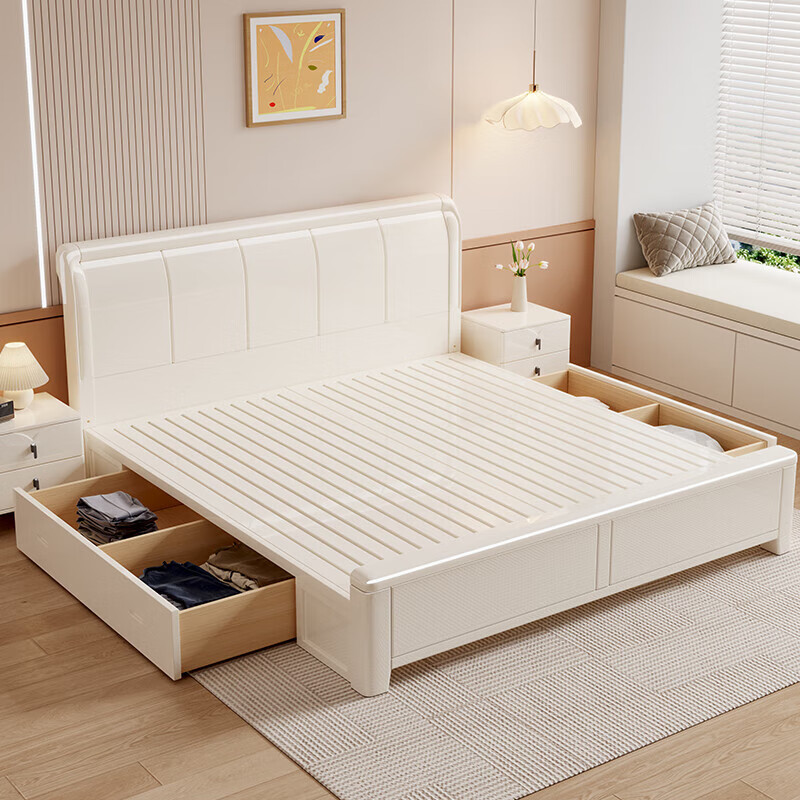 Nanzhu Bed solid wood bed cream style double bed 1.8 meters 2 meters mortise and tenon all solid wood bed master bedroom king bed MJ66#
