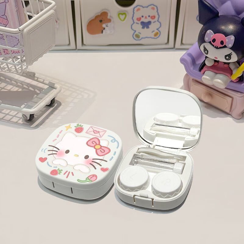 Kaooseen contact lens box, contact lens box, cute kt cat portable full set of tools, contact lens cleaner with tweezers, mirror, blush Hello Kitty contact lens box, cream white