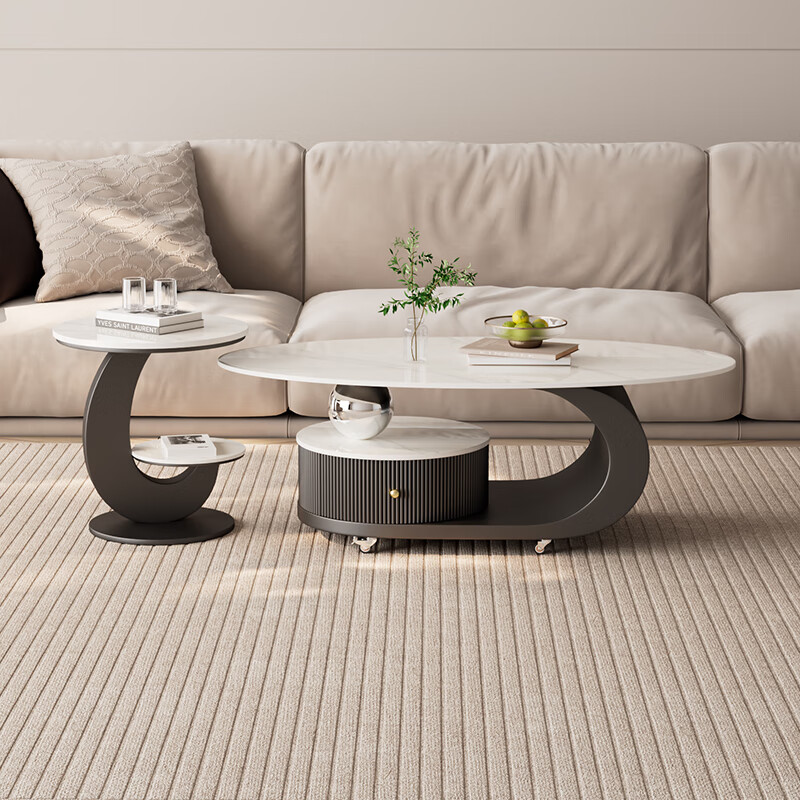 House style light luxury high-end living room household 2025 new movable slate small coffee table combination small apartment sofa side table black frame black cabinet + snow mountain white slate (combination) 100*55*45