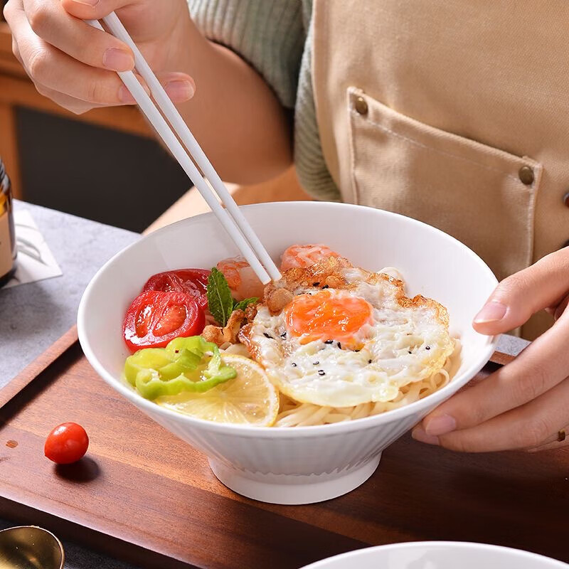 7-inch pure white vertical pattern bamboo hat bowl household ceramic tableware noodle bowl vegetable bowl ceramic bowl 4 pure white 7-inch vertical pattern bamboo hat bowl