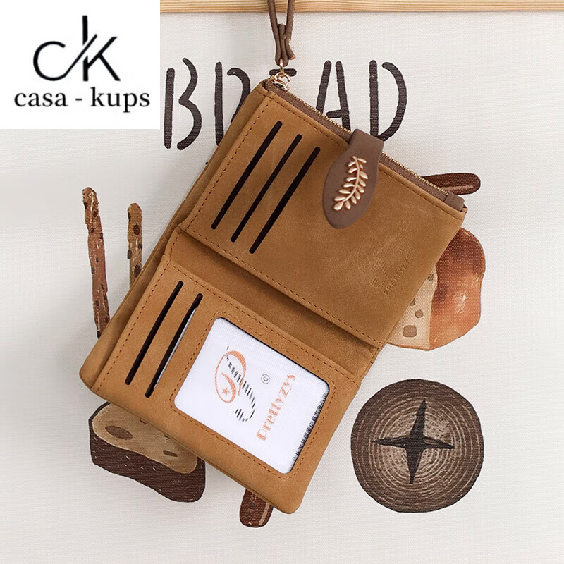 Casa-kupsCK Korean style small fresh leaf print short women's wallet hand strap niche design multi-card slot student coin purse pink