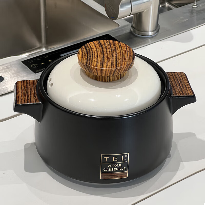 QCSK German casserole soup gas stove household high-temperature gas stove with large-capacity ceramic stew pot that does not crack when dried, wood edge black (3~6 people) double crack resistance 4L