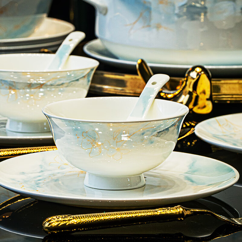 Guoyue Jingdezhen bone china bowls and plates tableware household bowls complete set of underglaze colored bowls and plates combination light luxury housewarming gift bowls and chopsticks Muyun Liunian 5-inch tall bowl 1