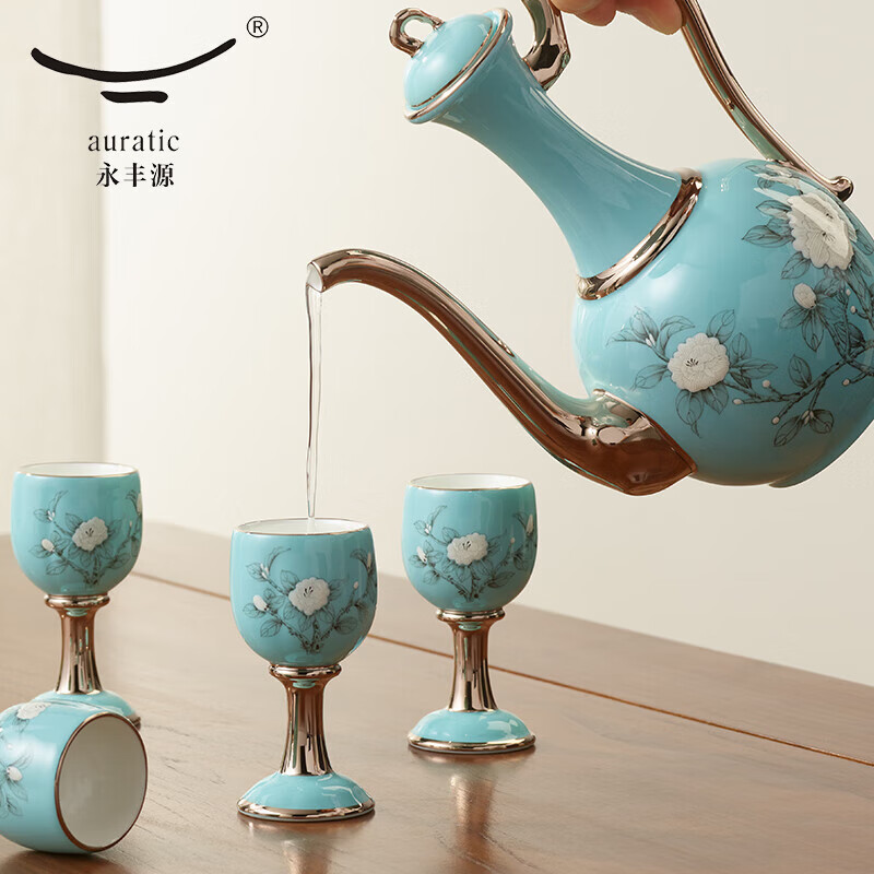 Yongfengyuan Yongfengyuan hand-painted blue 10-head wine set ceramic flask and wine glass set luxury high-end gift