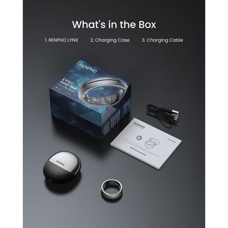 RENPHO LYNX Smart Ring Healthy Sleep Monitoring Ring Health Tracking Lightweight Long Battery Life Waterproof Rugged and Durable New Product Black Size 8