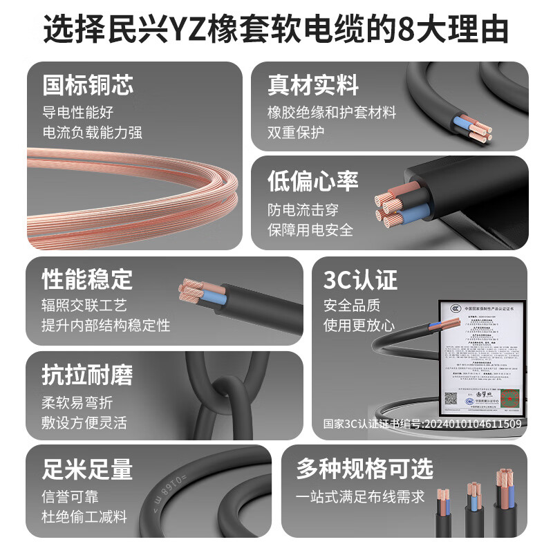 Minxing Cable 2.5 square meters copper core wire YZ rubber cable soft wire three core 3*2.5 square meters national standard copper wire sheathed wire YZ-3*2.5 square meters-1 meter