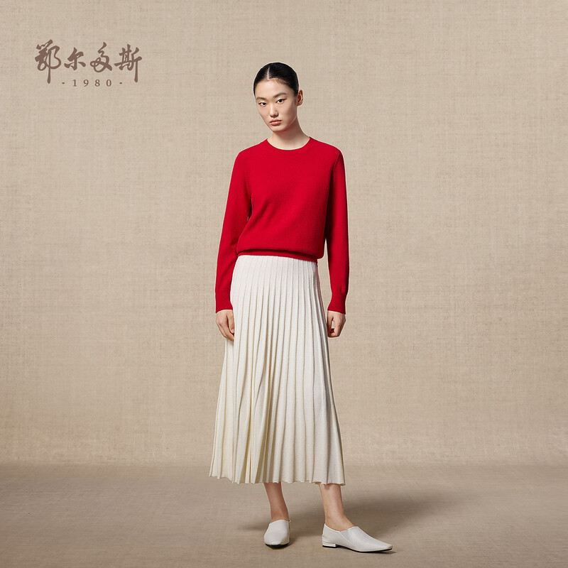 Ordos 1980 Autumn and Winter Cashmere Round Neck Women's Simple Inner Slim Fit Women's Solid Color Cashmere Sweater Chinese Red-25 L 165/88A