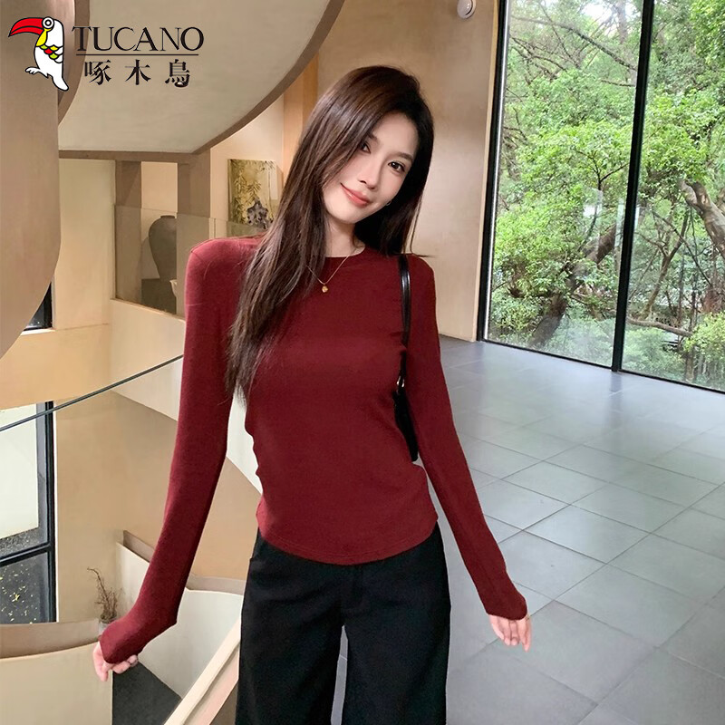 Woodpecker Right Shoulder Long Sleeve T-Shirt Women's New Autumn Advanced Slim Fit Bottoming Shirt Top Anchor Red 2XL