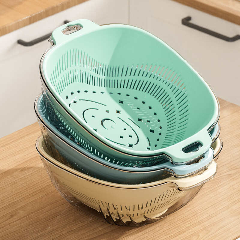 Qinkai living room large double-layer plastic sink drain basket vegetable basket kitchen storage basket shopping basket household fruit basin 281 large transparent blue single pack