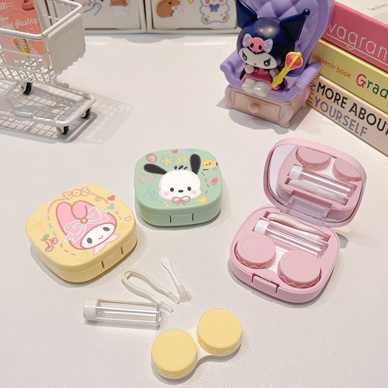 Kaooseen contact lens box, contact lens box, cute kt cat portable full set of tools, contact lens cleaner with tweezers, mirror, blush Hello Kitty contact lens box, cream white