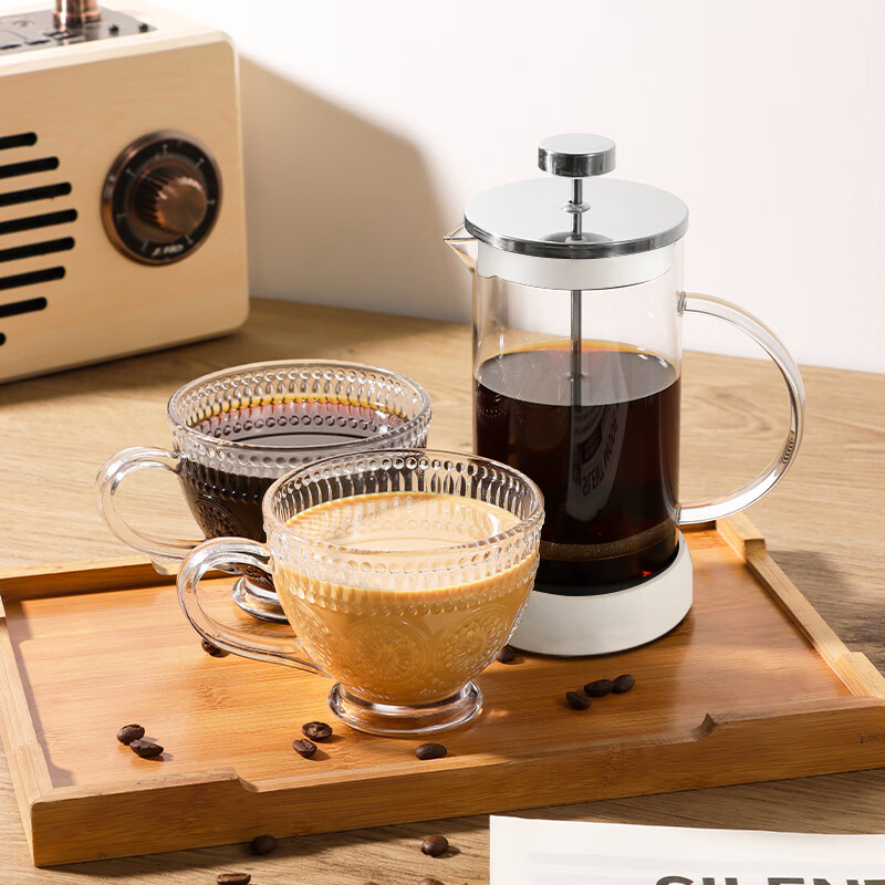 Baijie glass French press coffee pot stainless steel filter press pot for household tea and milk froth French coffee filter French press pot 350ml 1-2 people (snow white) coffee/tea/milk froth all in one pot