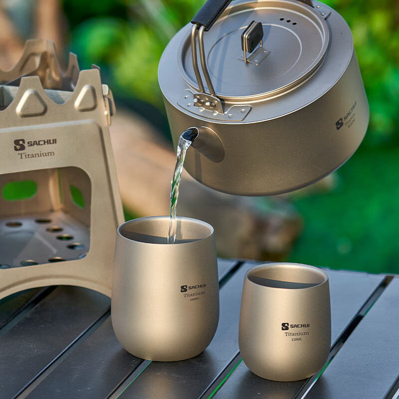 SACHUI double-layer titanium cup outdoor picnic tableware handleless portable camping light pure titanium tea cup water cup office coffee cup 240ML pure titanium double-layer straight cup