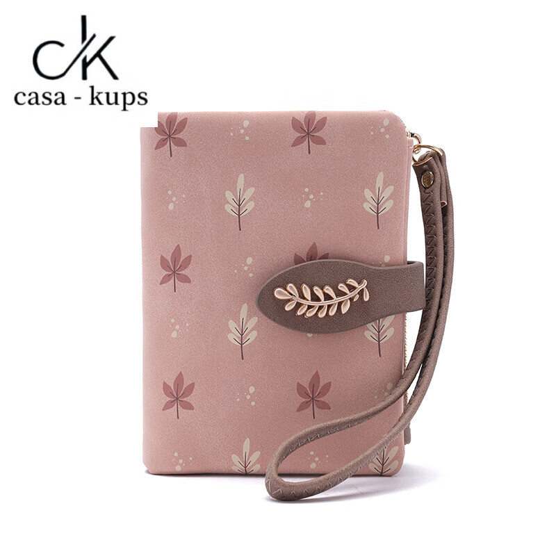 Casa-kupsCK Korean style small fresh leaf print short women's wallet hand strap niche design multi-card slot student coin purse pink