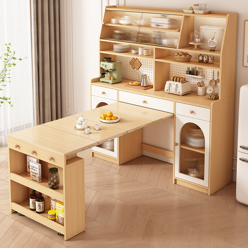 Maixiu solid wood sideboard and dining table integrated retractable and foldable small apartment living room home wall wine cabinet storage rack solid wood sideboard 120CM + retractable dining table-log cream color
