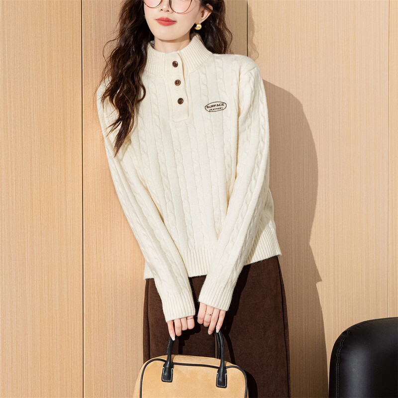 TonLion 2025 Autumn Women's Exquisite Cable Half Cardigan Half Turtle Collar Pullover Sweater Simple and Versatile Korean Fashion