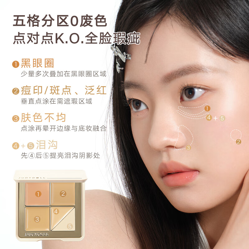 Juduo Cheng Shi'an Judydoll Juduo Concealer Concealer Palette for Women Covers Spots, Facial Acne Marks, Brightens Tear Troughs #01 Light Skin Color