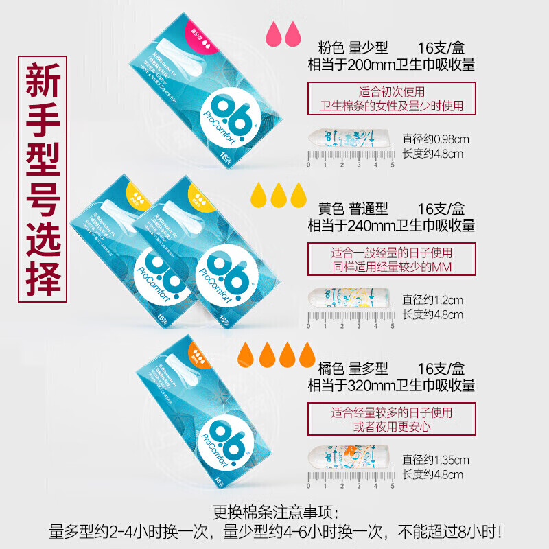 O.b.ob tampons built-in tampons 16 pieces/box menstrual aunt can swim sanitary napkin swabs imported from Germany ordinary type * 2 boxes + small quantity * 1 box