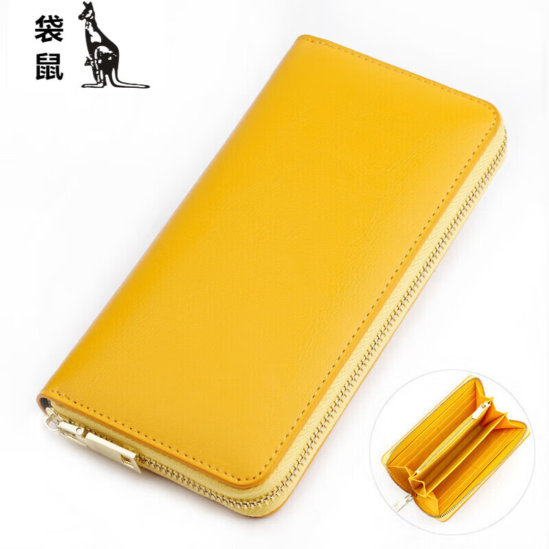 Kangaroo (KANGAROO) Japanese fashion casual lightweight new style leather long wallet for men and women oil waxed cowhide clutch bag long money cloth yellow inside yellow 20*10*2.5CM
