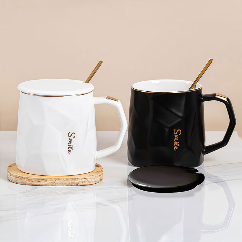 Jiwu Forest Ceramic Mug with Cover Large Capacity Coffee Cup Couple Cup Milk Cup Breakfast Water Cup Men's and Women's Tea Cup White