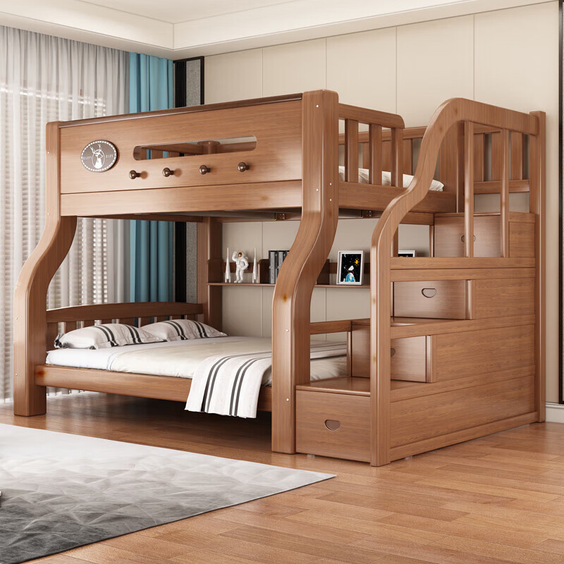 Bunk bed plus thick solid wood high and low bed bunk bed size apartment two-tier bed mother and child bed parent and child bed bunk bed ladder upper bed width 130 lower bed width 150 (comes with bookshelf)