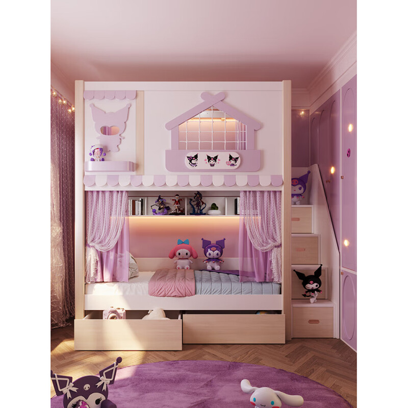 Fat Donglai same style cartoon children's bed all solid wood high and low bed bunk bed girl princess upper and lower castle 90% choose to upgrade the mattress 1200mm*1900mm x bunk bed + bookshelf