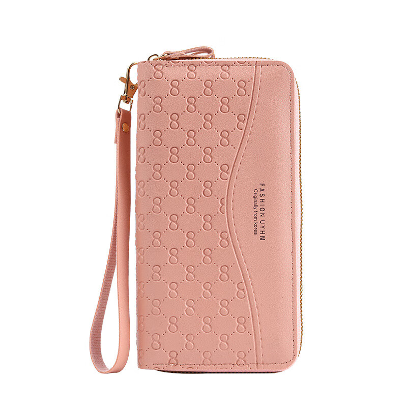 Muni 2026 New Wallet Women's Long Zipper Wallet Embossed Large Capacity Mom Mobile Phone Coin Clutch Passport Double-layer Zipper Wallet Pink 19.5*3.5*10