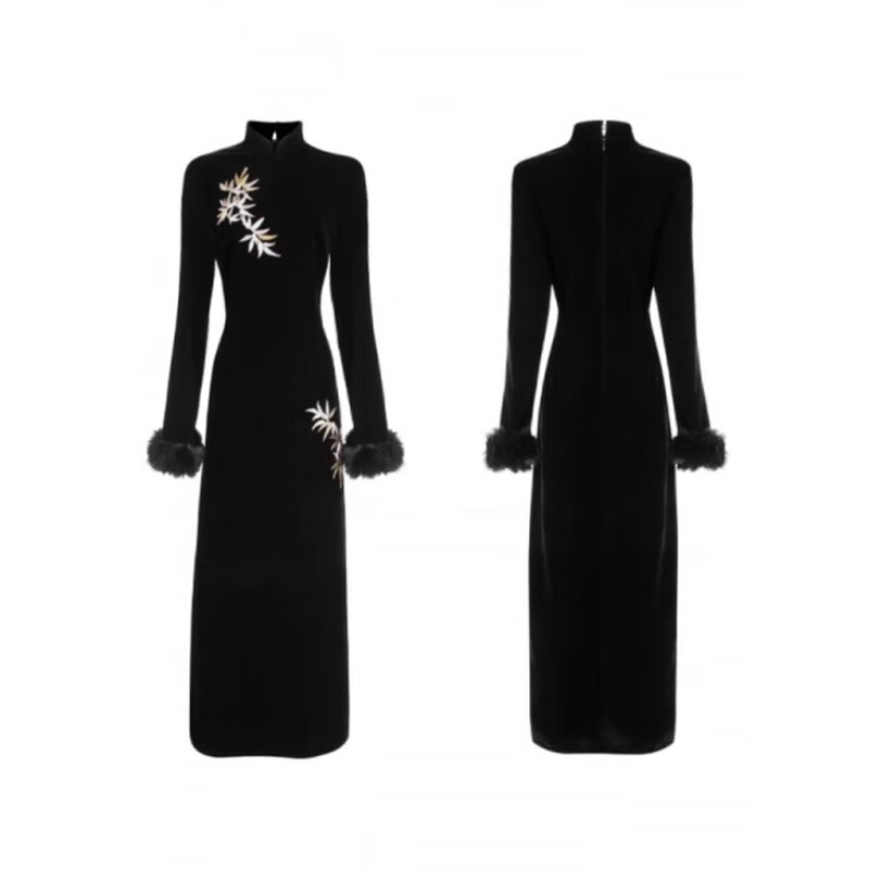 Hengyuan Xianggan 2025 autumn and winter new long-sleeved black cheongsam embroidered new Chinese style slim slit velvet long skirt black (removable fur sleeves) L