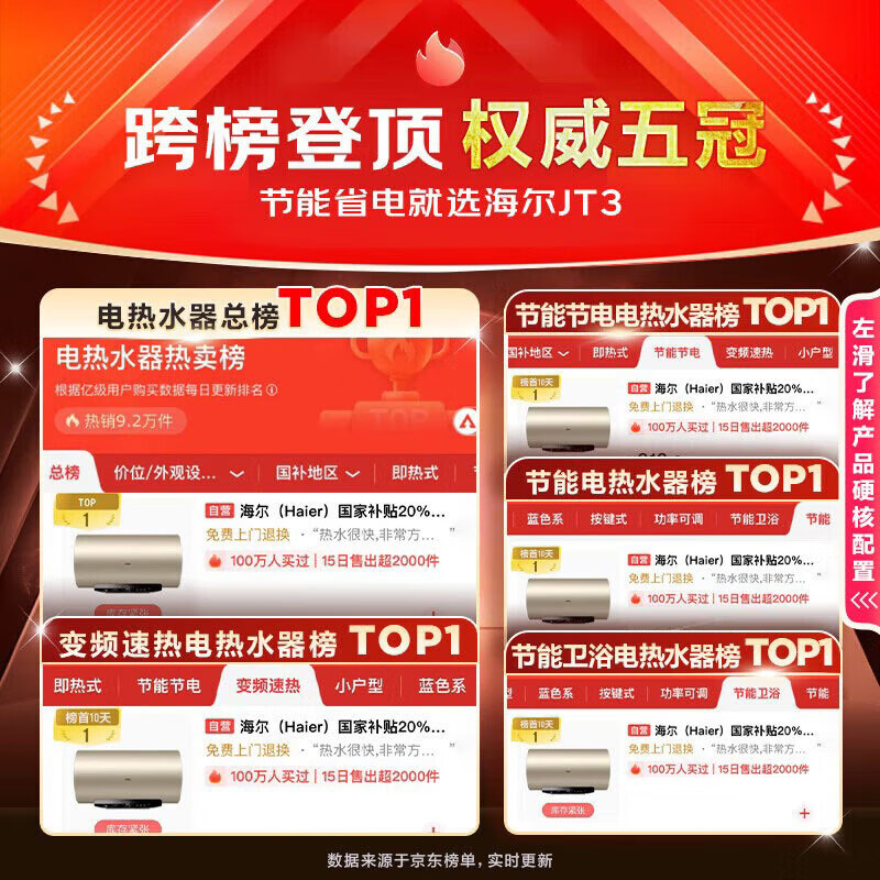 Haier state-subsidised electric water heater 60 liters JT3 King Kong seamless bladder 3300W variable frequency energy-saving fast heating Lifetime-free magnesium rod replacement First-class energy efficiency household water storage type