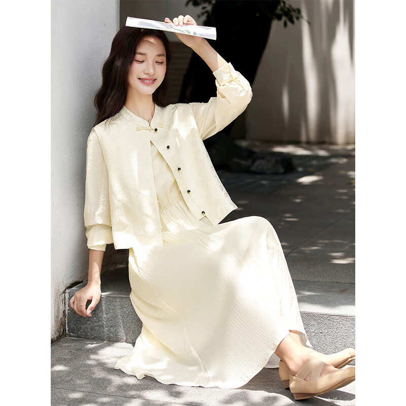 Fanximan Elegant Chinese Suit Women's Autumn New Jacquard Vest Round Neck Dress Suit Elegant Apricot L