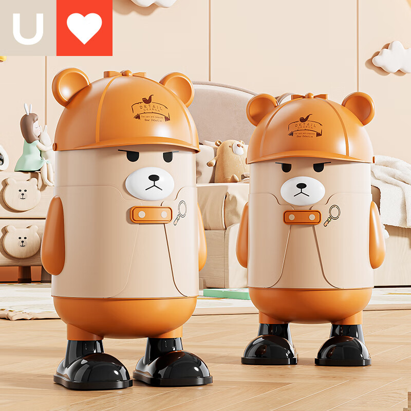 YOUNAL trash can for living room, home, internet celebrity, 2025 new large size with cover for kitchen and bedroom, high-end light luxury toilet, standing style large size - Brown Detective Bear 15L + 30 garbage bags