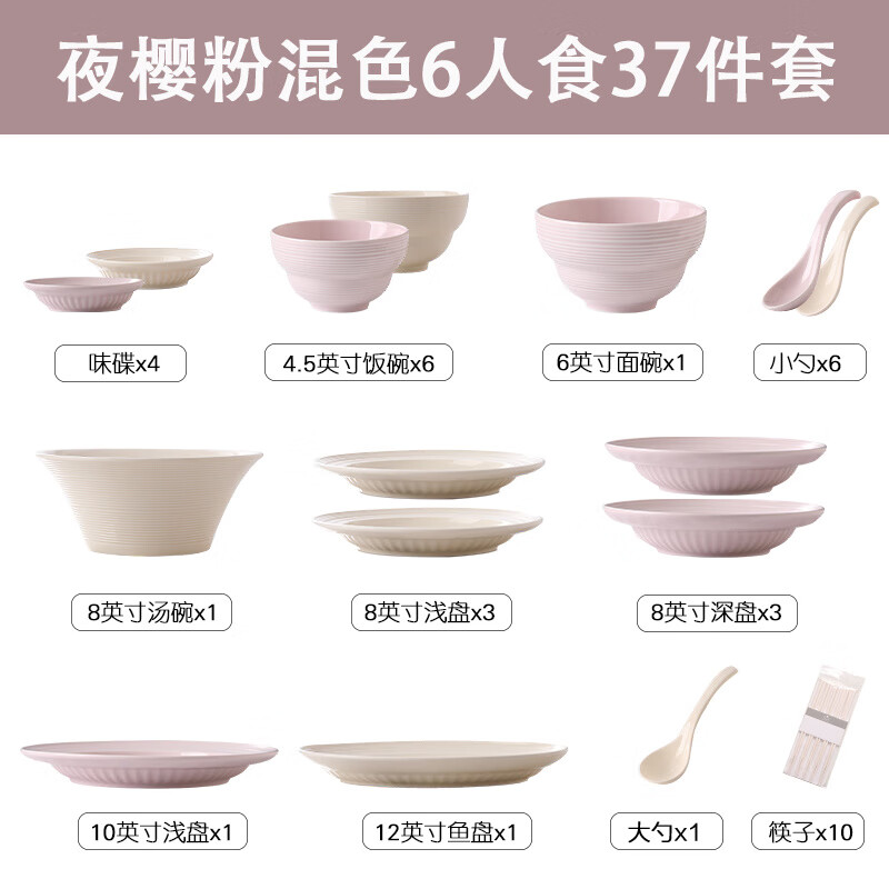 RWTW high-end underglaze color tableware and dishes set for home 2025 new style bowls and chopsticks and plates and tableware set housewarming gift new home food for six people - night cherry pink mixed color 37-piece set