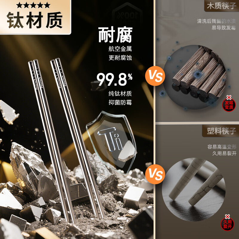 Peacock JD.com Limited Pure Titanium Chopsticks Home High-end Antibacterial and Mildew-proof Tableware Hollow Anti-scalding Titanium Chopsticks 5 Pairs Gift Box