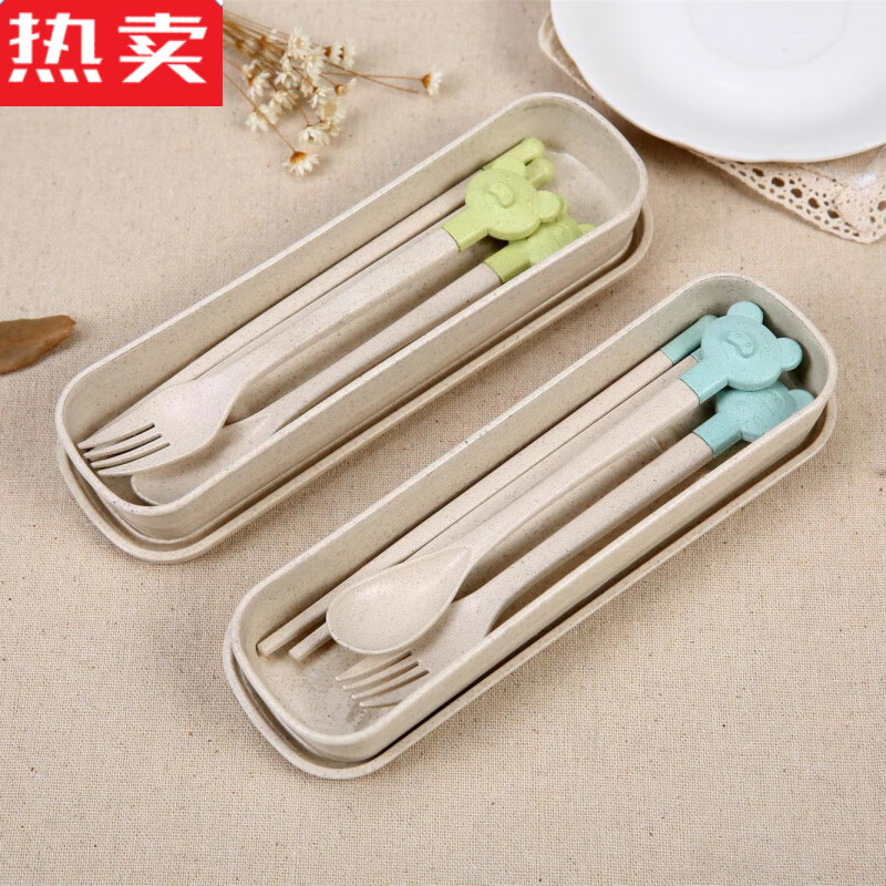 MZXM Japan imported quality rice husk wheat straw children's portable tableware anti-fall three-piece set cute fork spoon chopsticks blue