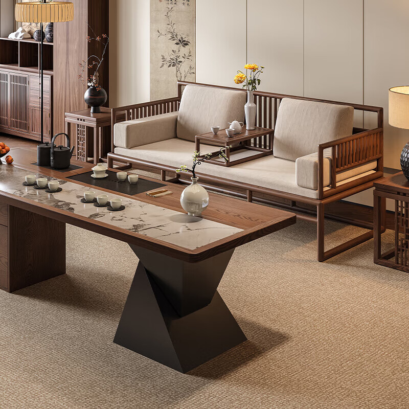 Ji gift Song Dynasty aesthetic ash wood Arhat bed tea table and chair combination new Chinese style solid wood sofa coffee table set 2026 new style ash wood 1.8m tea table + 1.8m Arhat bed + 1.6m imperial concubine couch + 2 main chairs + stool