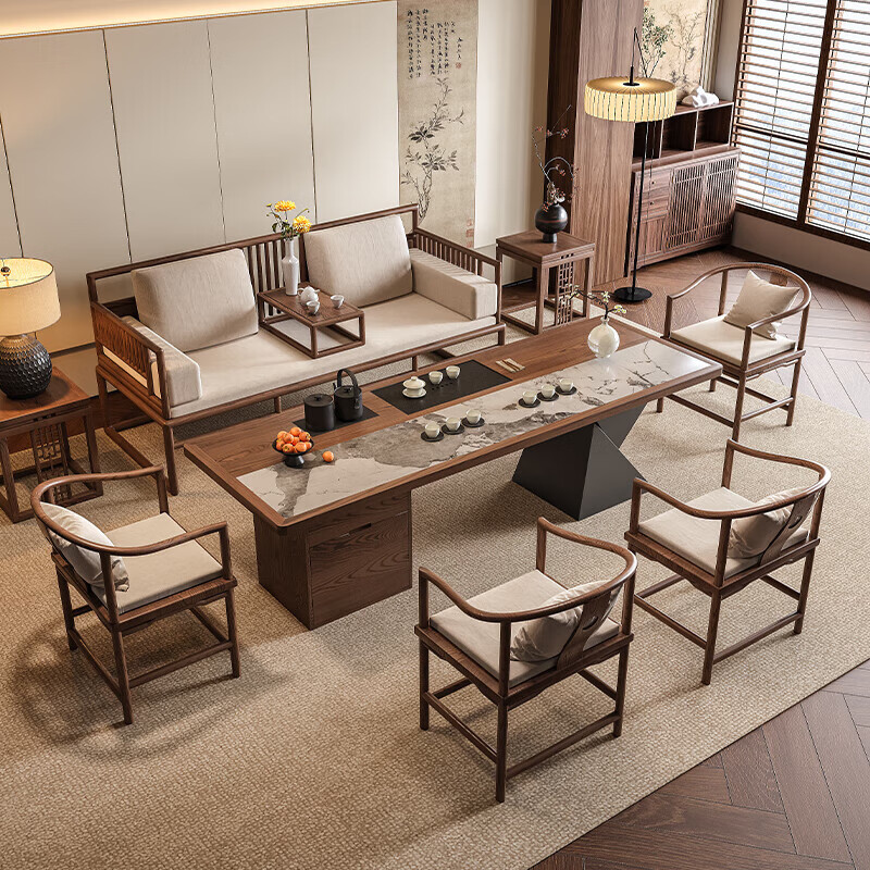 Ji gift Song Dynasty aesthetic ash wood Arhat bed tea table and chair combination new Chinese style solid wood sofa coffee table set 2026 new style ash wood 1.8m tea table + 1.8m Arhat bed + 1.6m imperial concubine couch + 2 main chairs + stool