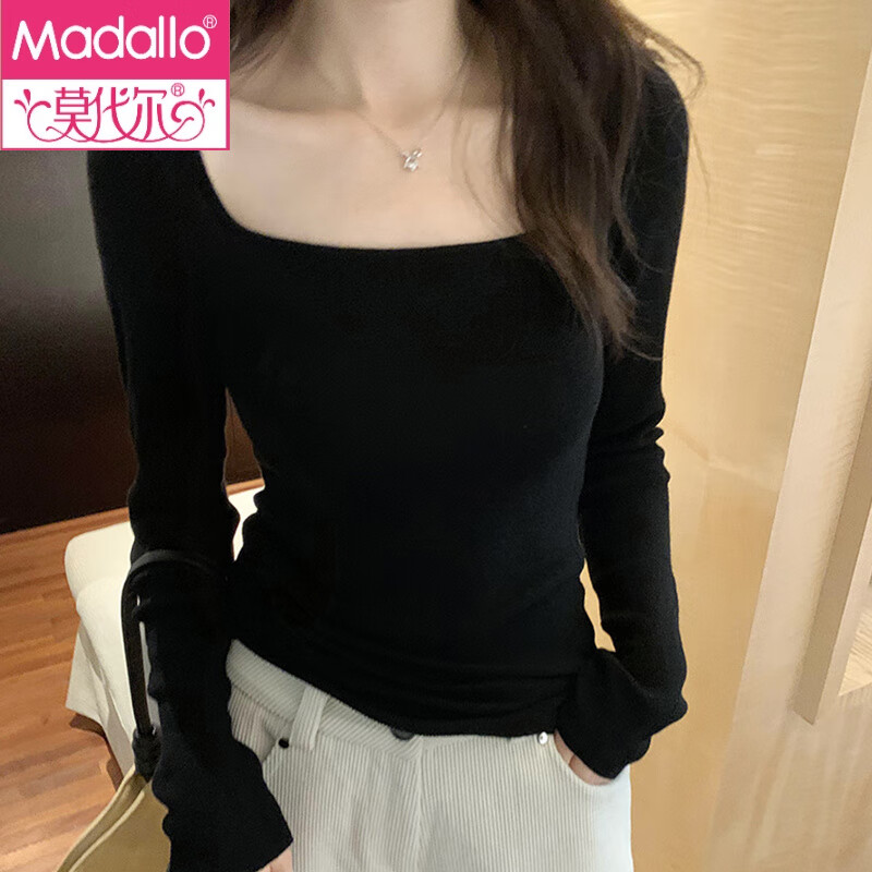 Modal pink square neck knitted bottoming shirt for women in autumn and winter 2024 new coat with slim and stylish low-neck long-sleeved top, black S