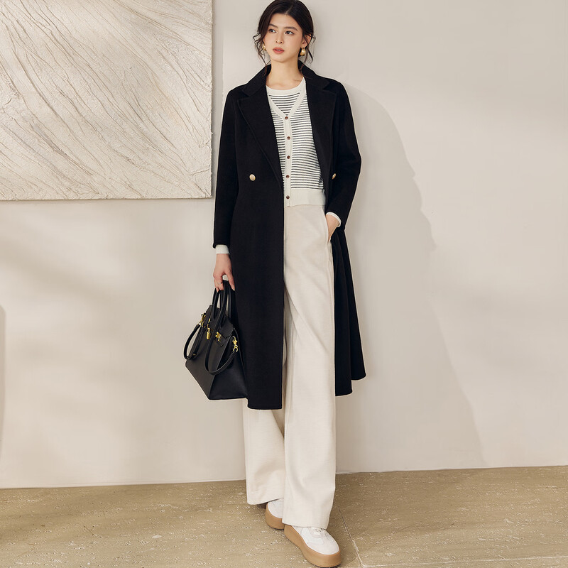 ROEYSHOUSE Luo Yi Light Luxury Sheep Wool Mid-Length Coat Intellectual Double-sided Woolen Jacket 12917 Black M