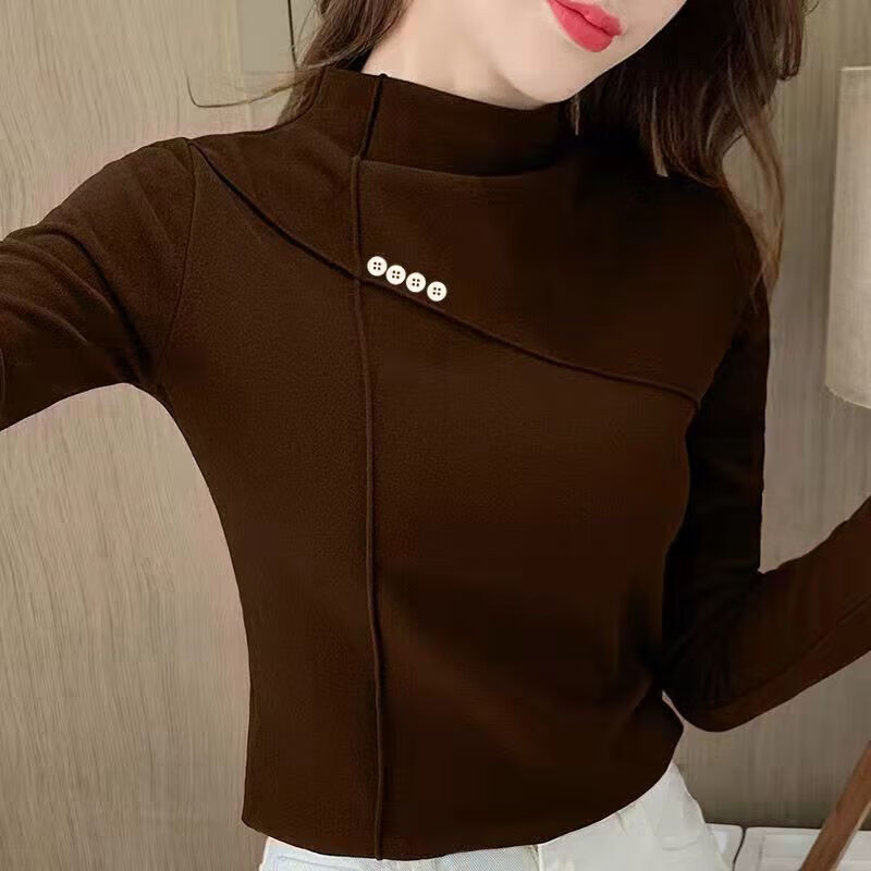 Double-sided German velvet bottoming shirt for women, new high-end half turtleneck 2025 T-shirt, fashionable high-end autumn and winter versatile top, white M, recommended 80-100 pounds