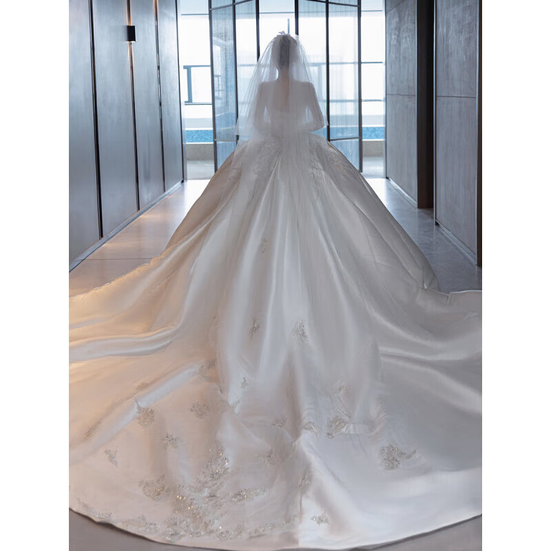 Ovivo satin wedding dress 2025 petite bride main yarn French retro tube top texture wedding dress white floor-length style <wedding dress + 3-piece set> M