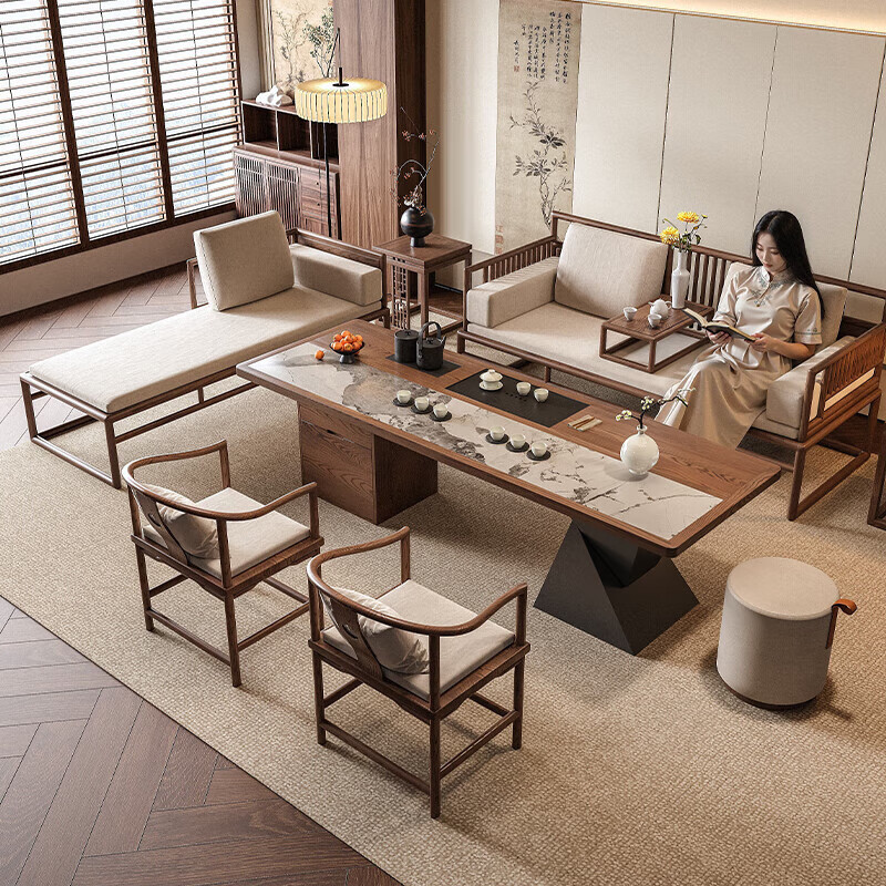 Ji gift Song Dynasty aesthetic ash wood Arhat bed tea table and chair combination new Chinese style solid wood sofa coffee table set 2026 new style ash wood 1.8m tea table + 1.8m Arhat bed + 1.6m imperial concubine couch + 2 main chairs + stool