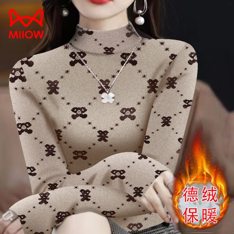 MiiOW half-turtle collar German velvet bottoming shirt for women in autumn and winter new fashion printed long-sleeved T-shirt large size slim warm top for women B11 Bear M recommended 80-100 pounds