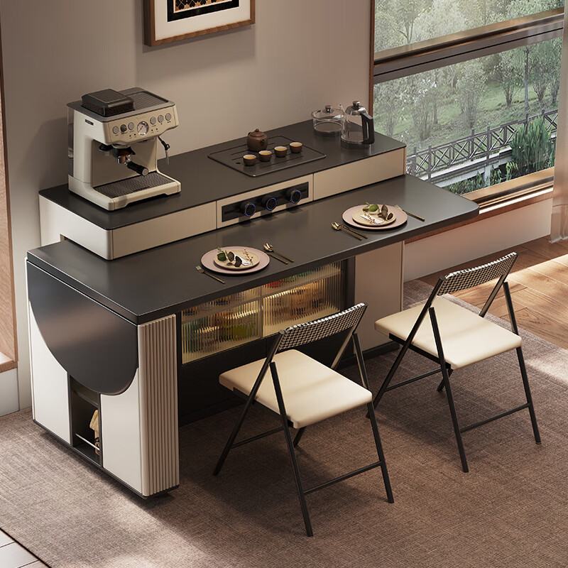 Micro-art solid wood island table retractable and foldable small-sized slate rotating multi-functional storage dining table and sideboard for home use Black versatile model All solid wood 1.2m slate island + 1.4m slate dining table (flat style)