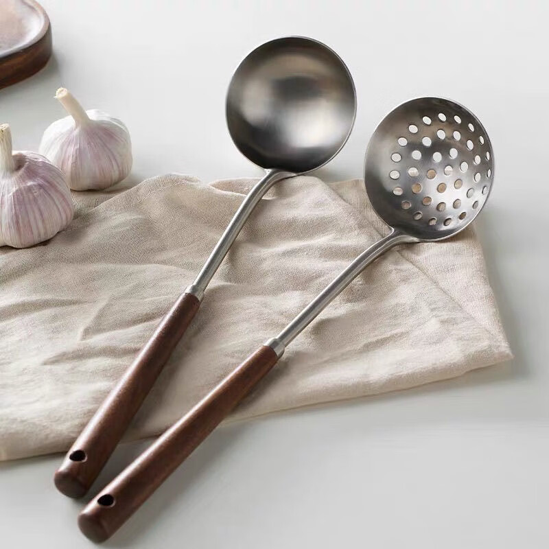 Carole's new walnut 316 stainless steel set soup spoon long handle spoon household kitchen kitchenware hot pot long colander 316 steel walnut hot pot spoon
