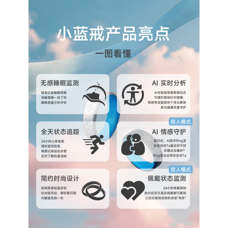 Huaqiangbei Riingvo Small Blue Ring Pair Set AI Smart Pair Ring Same Style Heart Rate Sleep A Ring - Matte Black (8) B Ring - Matte Black (9)