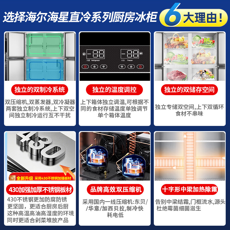 Haier Commercial Refrigerator Four Door Freezer Large Capacity Stainless Steel Vertical Refrigerator Fresh Cabinet Freezer Quick Freezer Kitchen Hotel Back Kitchen High Refrigerator Starfish Series 430 Reinforced Stainless Steel Plate Four Doors Dual Temperature