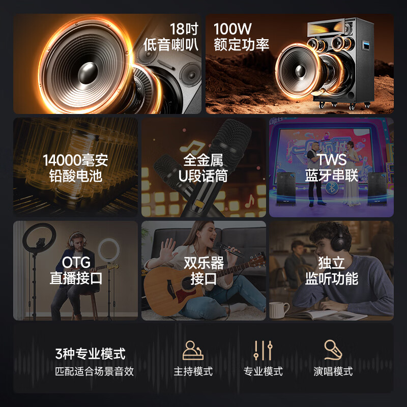 Xianke outdoor audio stage high-power ultra-large volume heavy bass mobile professional speaker wireless Bluetooth stall conference dedicated portable square dance audio professional upgraded 18-inch bass + upgraded 15-inch horn + upgraded dual midrange